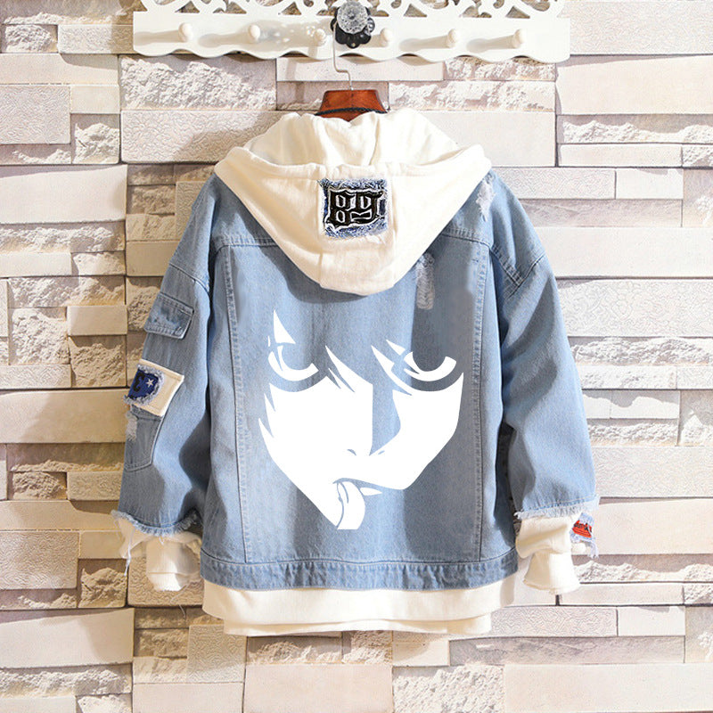 Comic Denim Jacket Men and Women Street Hip Hop plus Size Hooded Hooded Jacket
