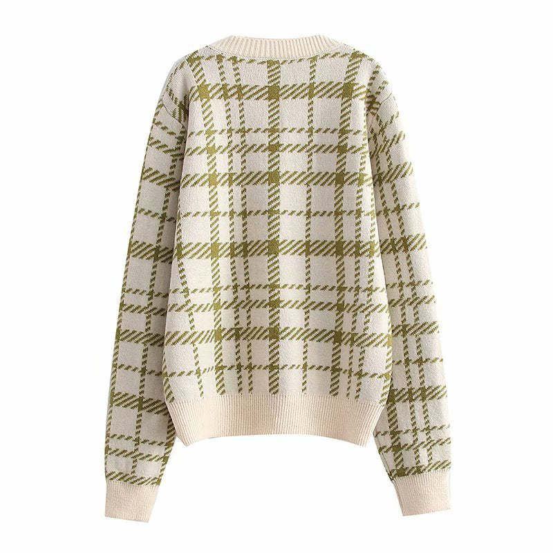 Women Fall Fall Plaid Cardigan Sweater Coat V-neck Single Breasted Top