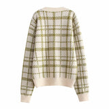 Women Fall Fall Plaid Cardigan Sweater Coat V-neck Single Breasted Top