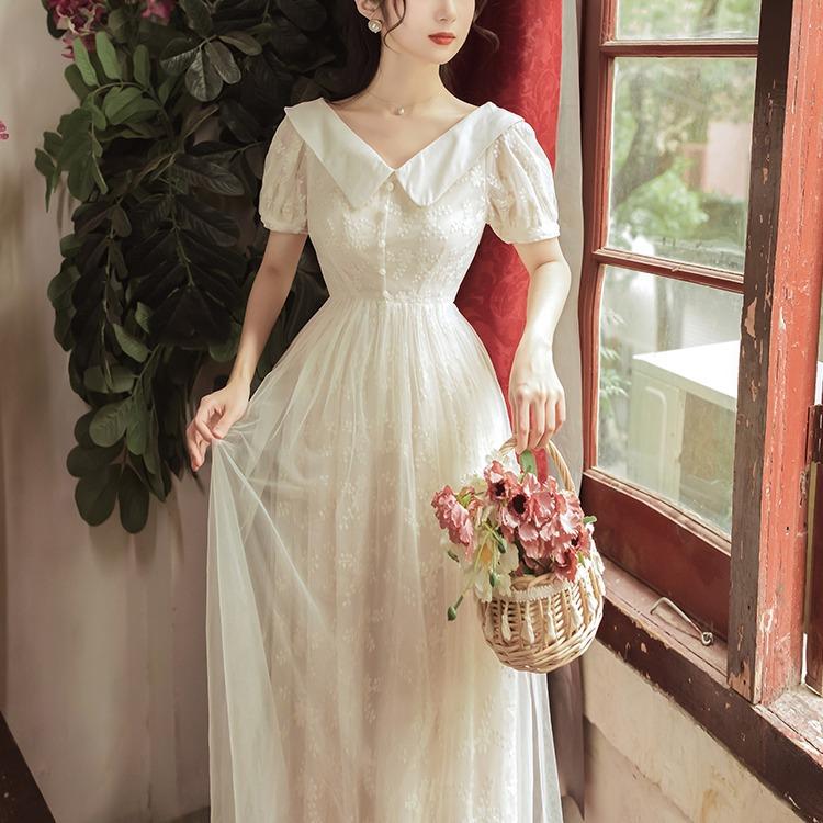 Women Retro Cottagecore Vintage Dress Lapel Short Sleeve Lace Retro Corset Slim-Fit Gentle Long Dress Summer