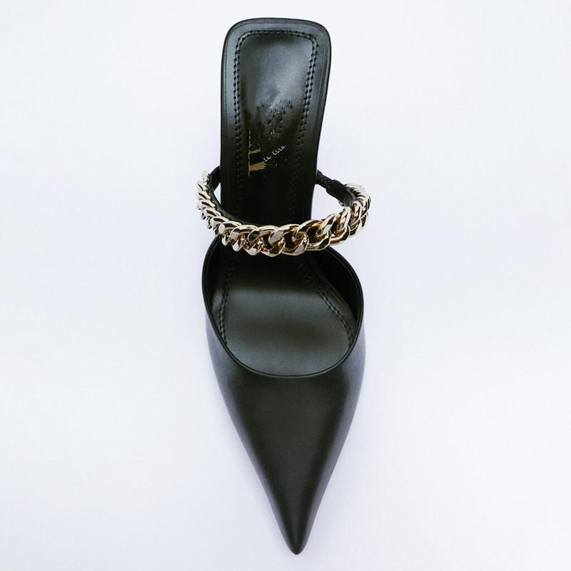Finn Chain Pointed Toe Mule Closed Toe Sandals Women's Summer Stiletto Heel Pointed-Toe Semi-Slippers
