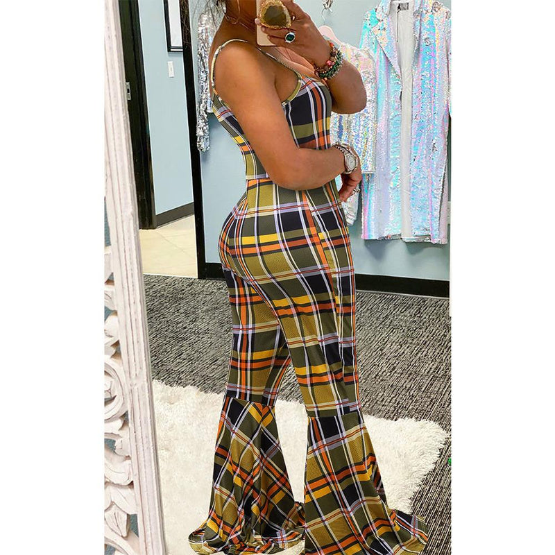 Women Plaid Catsuit Women Checkered Jumpsuit Summer Women's Casual High Waist Slim Fit Plaid Suspender Jumpsuit Bell-Bottoms
