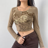 90S Fashion Khaki Vintage Pattern Printed T-shirt Women's Bottoming Top