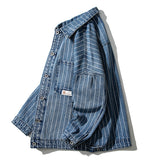 Denim Varsity Jacket Vintage Stripe Denim Jacket Men Oversize Baggy Casual Jacket