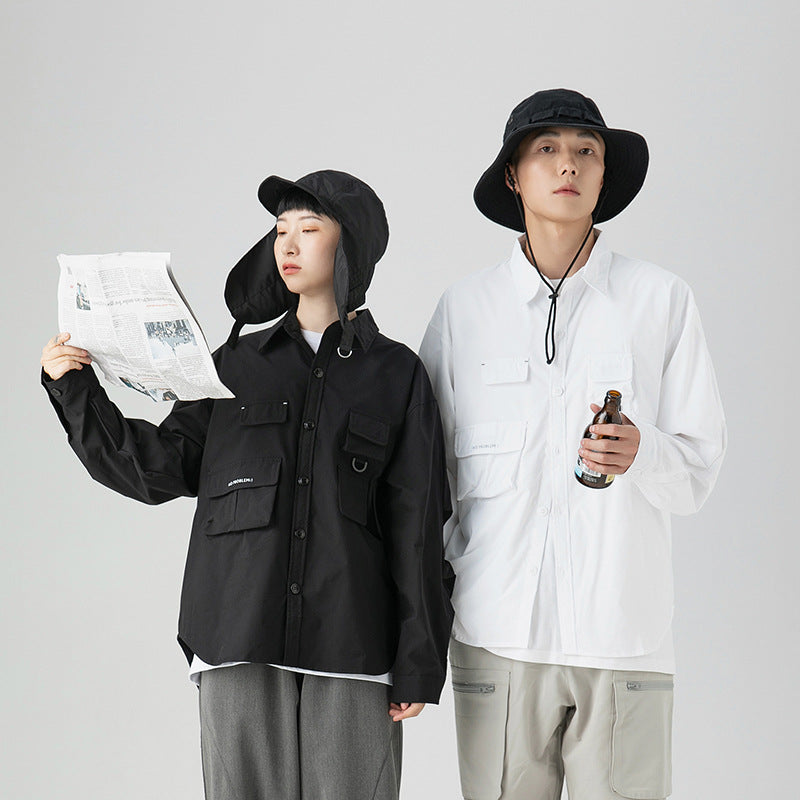 White Varsity Jacket Autumn Mechanical Style Multi-Pocket Long Sleeve Shirt Men's Leisure Shirt Men's Shirt Overalls
