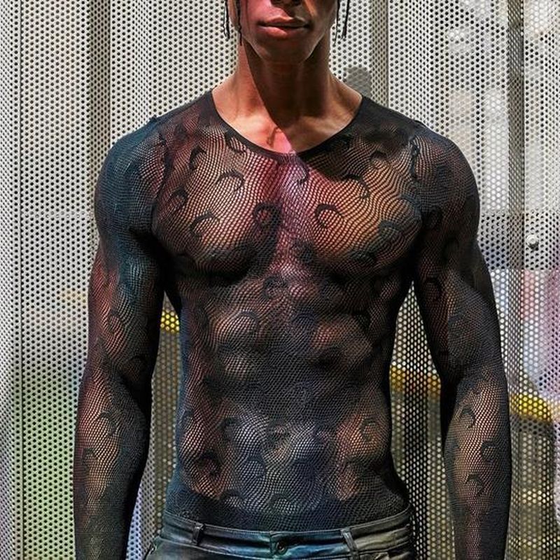 Rave Outfits Men Long Sleeve Shirt Printed Top Plaid Embroidery See-through Sexy Slim Long Sleeve