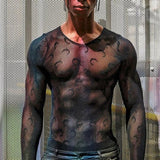 Rave Outfits Men Long Sleeve Shirt Printed Top Plaid Embroidery See-through Sexy Slim Long Sleeve