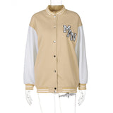 Khaki Cropped Varsity Jacket Autumn Single Breasted Stand Collar Embroidery Loose Casual Baseball Uniform