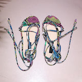 Women Open Toe Sandals Flats Large Size Summer Serpentine Sexy Fashion Lace-up Flat Floral Sandals