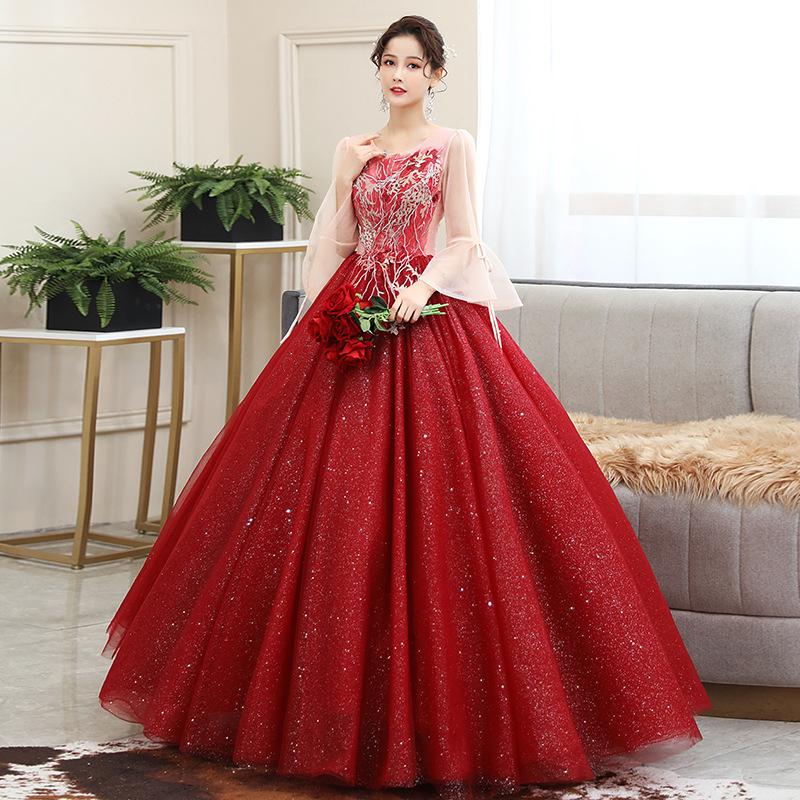 Women'S Evening Dress Ball Gown Princess Quinceanera Wedding Dress Evening Dress Long Performance Dress Pettiskirt Wine Red Toast Dress
