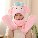 My Melody Hat Cartoon Autumn and Winter Hooded Scarf Gloves Female Cute Melody Fashionable Warm Scarf and Hat One  Kulomi
