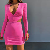 Winter Formal Dresses Autumn and Winter V-neck Hollow-Out Midriff Dress Solid Color Long Sleeve Narrow Skirt