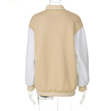 Khaki Cropped Varsity Jacket Autumn Single Breasted Stand Collar Embroidery Loose Casual Baseball Uniform