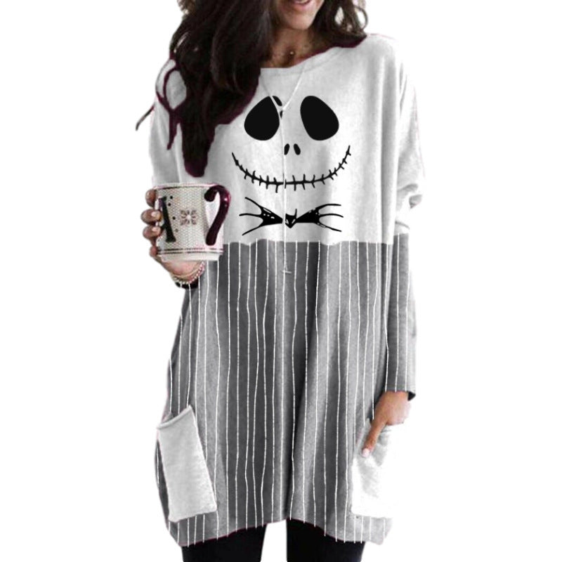 Skull Dress Casual round Neck T-shirt Printed Long Sleeve Pocket Loose Dress