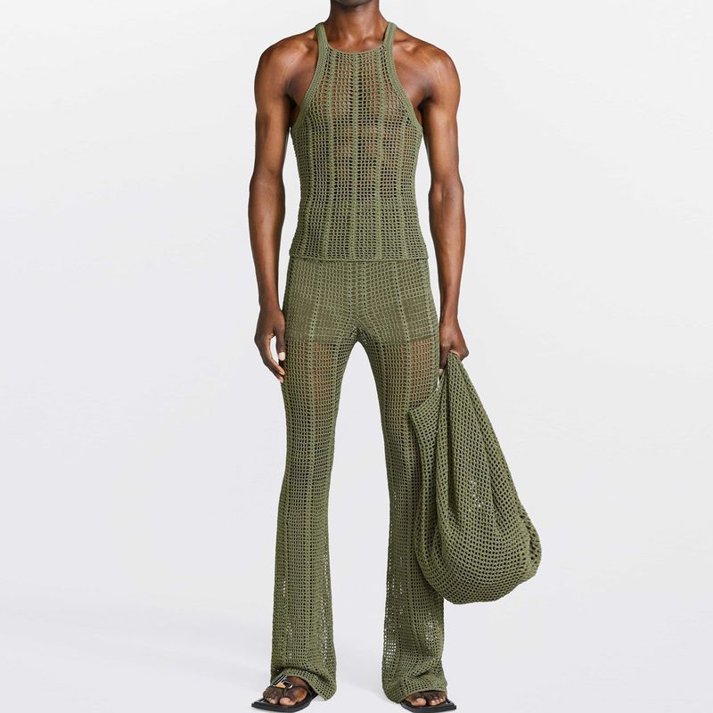Rave Outfits Men Shorts 2 Piece Set Casual Hollow out Knitted Vest Hollow out Summer
