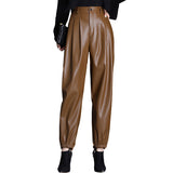 Brown Leather Pants Elastic Waist Harem Pants Autumn and Winter Casual Pants Thin Velvet High Waist Thin Baggy Pants