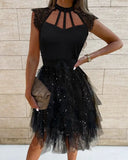 Olivia Wilde See through Dress Fashionable Temperament Scarf Collar Mid-Waist Mesh Dress