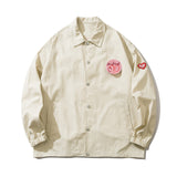 Beige Varsity Jacket Letter Print Patch Decoration Jacket Top Men Loose Lapels Casual Cargo Pants