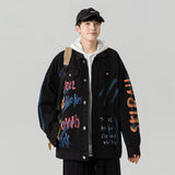 Denim Varsity Jacket Loose Hand Painted Patterned Denim Jacket Men's Graffiti Jacket