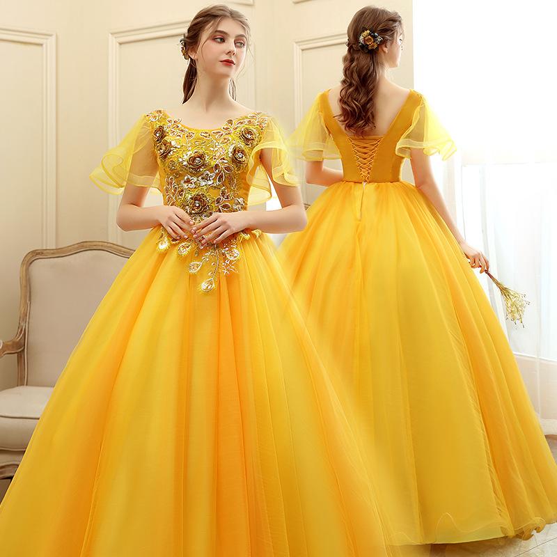 Women's Evening Dress Ball Gown Princess Quinceanera Wedding Dresses Golden Evening Dress Banquet Long Performance Dress Pettiskirt