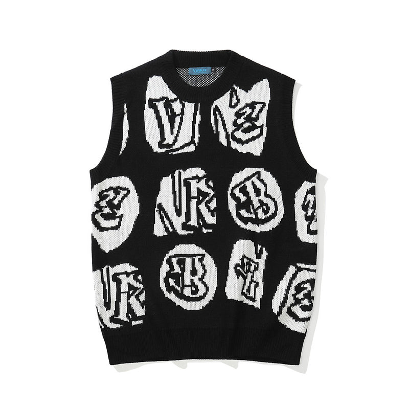 Men Sweater Vest Contrast Color Letter Jacquard Sleeveless Sweater Vest Men's Loose round Neck Sweater Vest