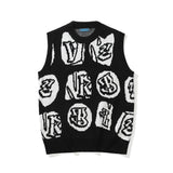 Men Sweater Vest Contrast Color Letter Jacquard Sleeveless Sweater Vest Men's Loose round Neck Sweater Vest