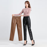 Brown Leather Pants Autumn and Winter Women's Leather Pants Pencil Pants High Waist Sheepskin Skinny Trousers