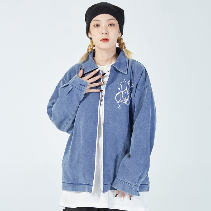 Men Denim Coat Jean Jackets Letter Embroidery Washed Do the Old Cowboy Coat Men Loose Lapels Denim Clothes Jacket