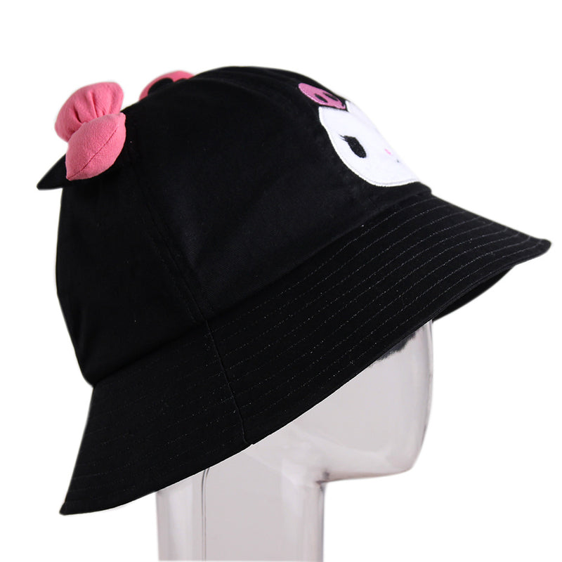 My Melody Hat Little Devil Bucket Hat Cute Girl Heart Bow Cartoon Black Bucket Hat Sun Hat Kulomi