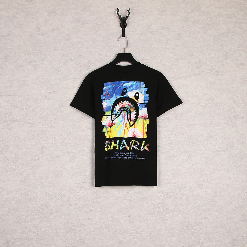 WGM Closing Shark Graffiti Printing Men's and Women's Short-Sleeved T-shirt