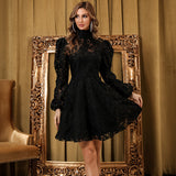 Burgundy Dresses For Wedding Bridal Dress Banquet Long-Sleeved Red Lace Hollow-Out Short Skirt Women