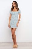 Milkmaid Dresses Summer Fresh Floral Square Collar High Waist Puff Sleeve Slim Split One-Step Dress