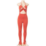 Summer Solid Color Sleeveless Drawstring Strap Backless Slim Fit Trousers Jumpsuit
