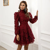 Burgundy Dresses For Wedding Bridal Dress Banquet Long-Sleeved Red Lace Hollow-Out Short Skirt Women
