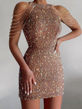 Olivia Wilde See through Dress Halter Sexy Crystal Fringed Sheath Sequins Dress