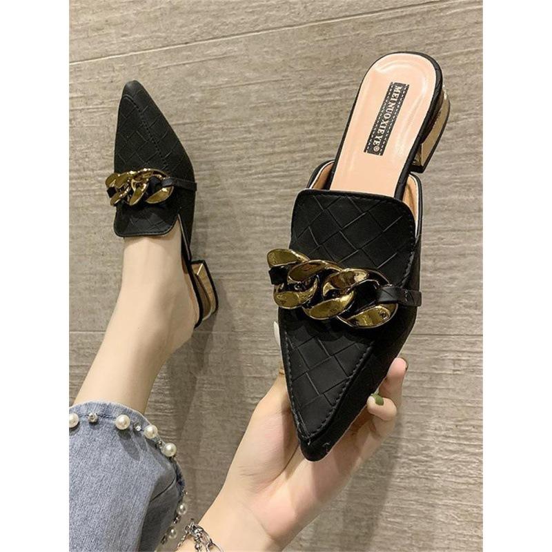 Finn Chain Pointed Toe Mule Spring and Autumn Lazy Pump Half Slippers Women's Outer Wear Chunky Heel All-Matching Low Heel Slippers Mules Shoes
