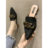 Finn Chain Pointed Toe Mule Spring and Autumn Lazy Pump Half Slippers Women's Outer Wear Chunky Heel All-Matching Low Heel Slippers Mules Shoes