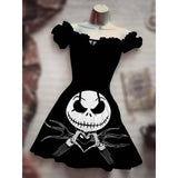 Skull Dress Digital Printing Drawstring Short Sleeve Dress Autumn