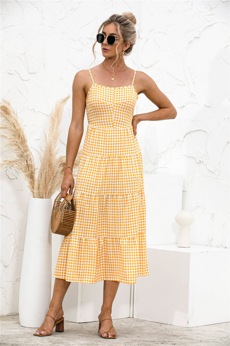Gingham Dress Spring/Summer Strap Backless Lace-up Dress