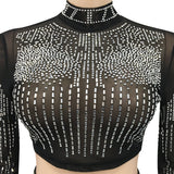 Party Pants Suits Fashion Sexy Nightclub Women's Clothing Mesh See-through Long Sleeve Dress Two-Piece Set