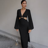 Winter Formal Dresses Sexy V-neck Hollow Slit Dress