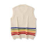 Men Sweater Vest Vintage Rainbow Striped Sweater Vest Men's Loose V-neck Sweater Waistcoat Jacket