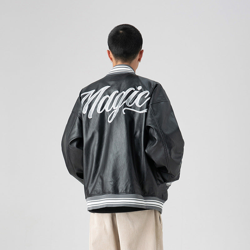 White Varsity Jacket Autumn Hip-Hop Street Men's Jacket PU Leather Coat Embroidered Loose Baseball Uniform Pu Jacket Men