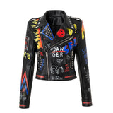 Women Leather Jacket Biker Motorcycle Coat Women's Graffiti Printing Coat Women's Jacket