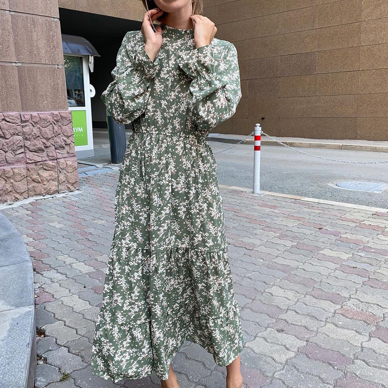 Emery Rose Dresses Printed Long Sleeve Waist-Controlled Large Hem Dress