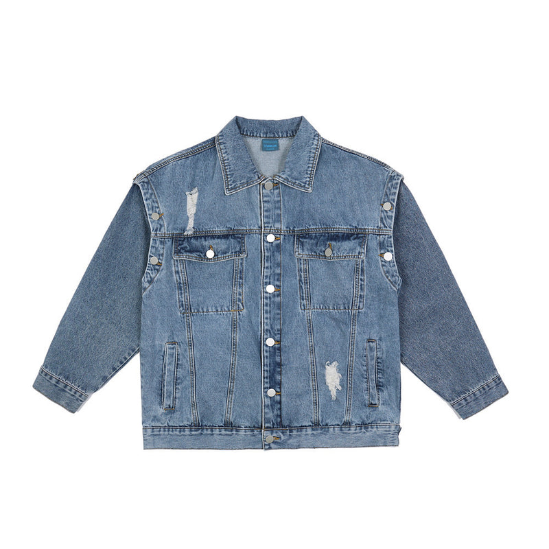 Men Denim Coat Jean Jackets Washed Make Old Ripped Denim Jacket Men's Detachable Sleeve Two-Way Wear Vest Coat Loose Lapels Jacket