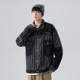 Denim Varsity Jacket Black Striped Denim Jacket Men's Retro Easy Matching Workwear Jacket Top