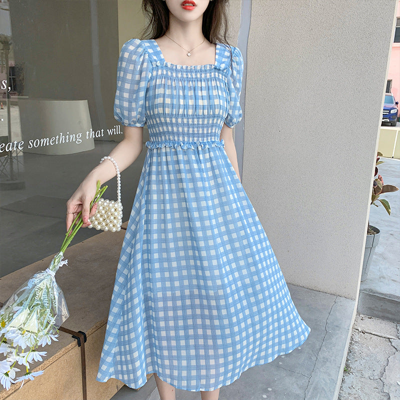 Gingham Dress Summer Bubble Sleeve Plaid Square Collar Chiffon Short Sleeve Midi Dress