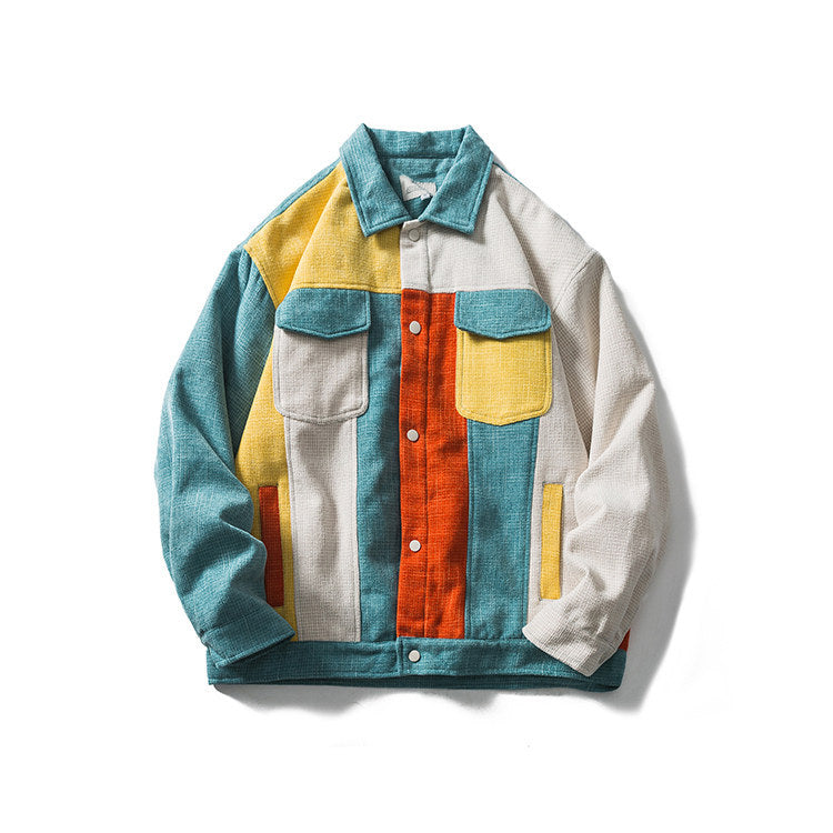 Varsity Jacket Vintage Autumn Jacket Campus Cool Smart Color Contrast Patchwork Three-Dimensional Pocket Coat Men