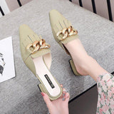 Finn Chain Pointed Toe Mule Closed Toe Half Slippers Women's Summer Outer Wear Pointed Toe Women's Shoes Chunky Heel